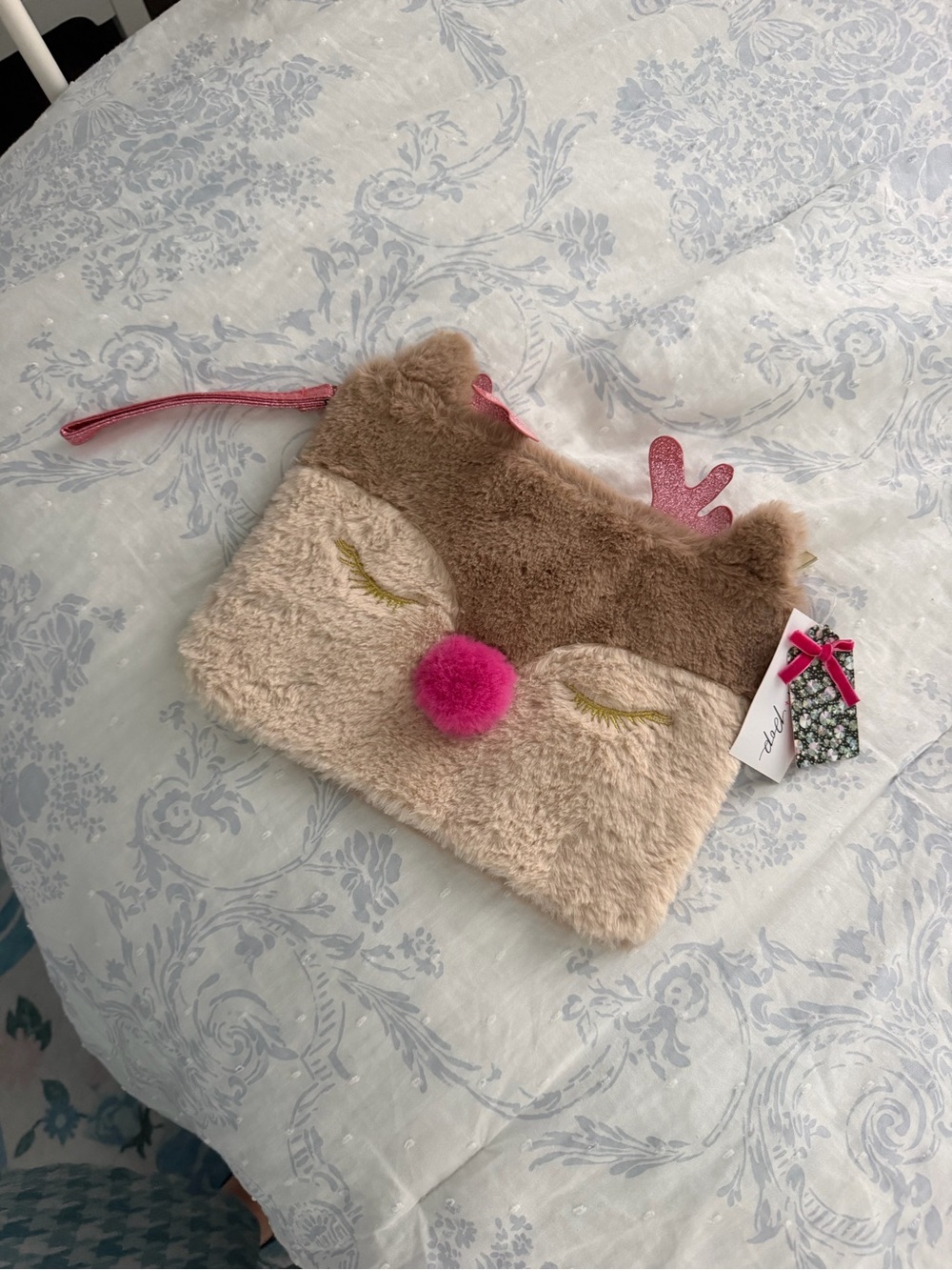 Kids Plush Reindeer Wristlet Pouch - Pink Accent